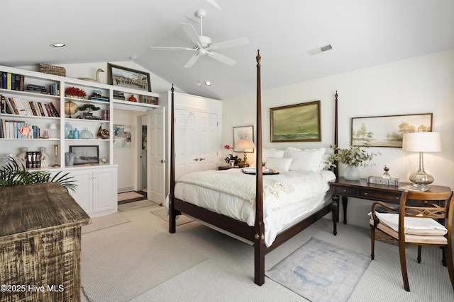 bedroom with light carpet, vaulted ceiling, ceiling fan, and recessed lighting