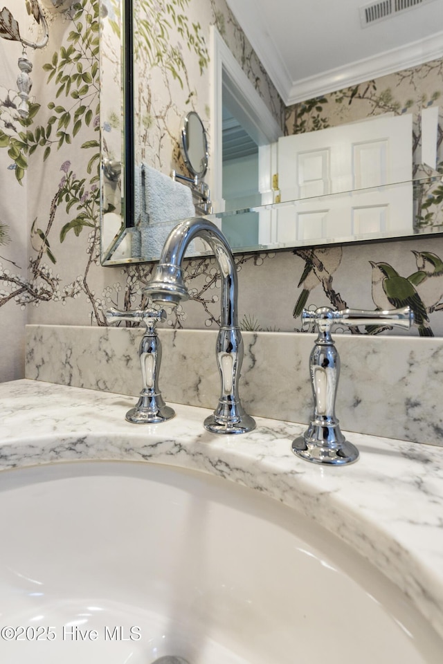 bathroom view of a sink and ornamental molding