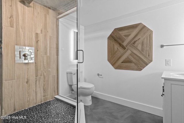 bathroom with vanity, concrete flooring, toilet, and walk in shower