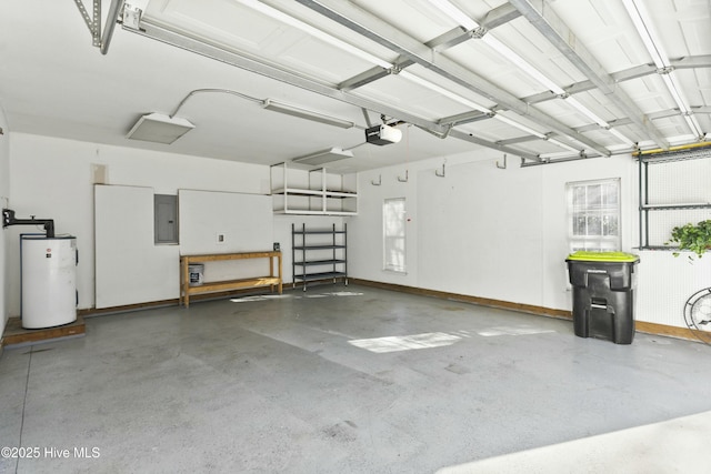 garage featuring a garage door opener, electric panel, and water heater