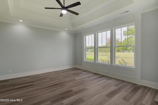 unfurnished room featuring dark wood-type flooring, a raised ceiling, and ceiling fan