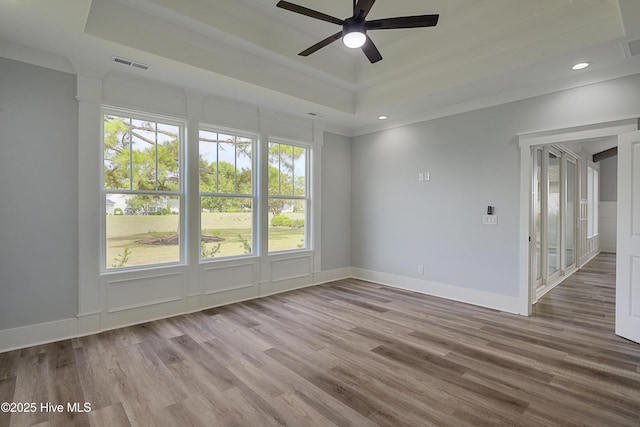 spare room with plenty of natural light, a raised ceiling, and wood-type flooring