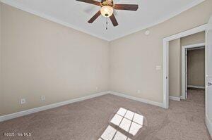 carpeted spare room with baseboards, a ceiling fan, and ornamental molding