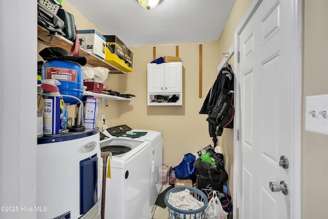 laundry area with water heater and washer and dryer