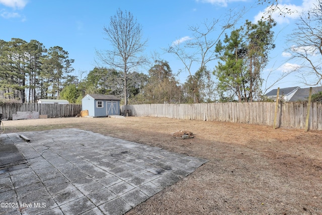 view of yard with a patio and a shed