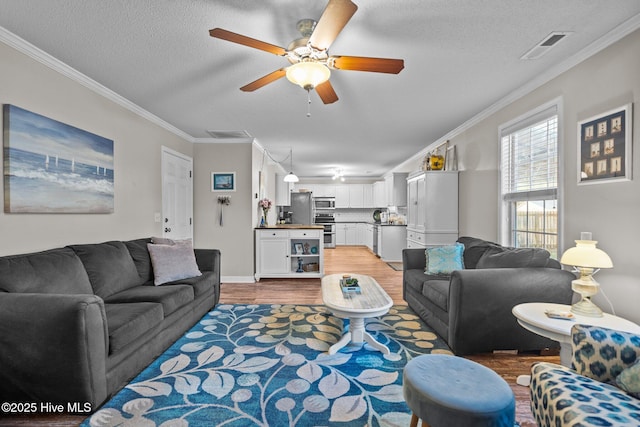 living room with hardwood / wood-style flooring, ornamental molding, a textured ceiling, and ceiling fan