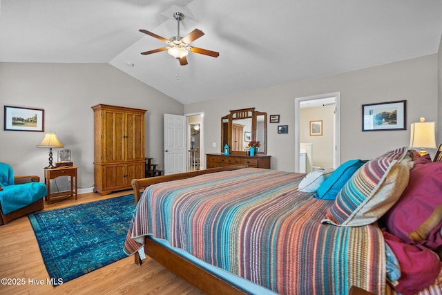 bedroom with light wood-type flooring, lofted ceiling, and ceiling fan