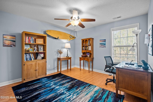 home office featuring ceiling fan, hardwood / wood-style floors, and a textured ceiling