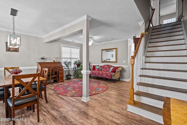 dining room with hardwood / wood-style floors, crown molding, a textured ceiling, and ceiling fan