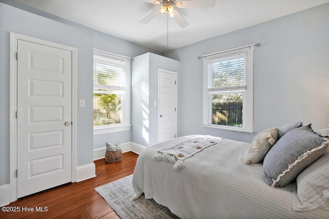 bedroom with multiple windows, dark hardwood / wood-style flooring, and ceiling fan