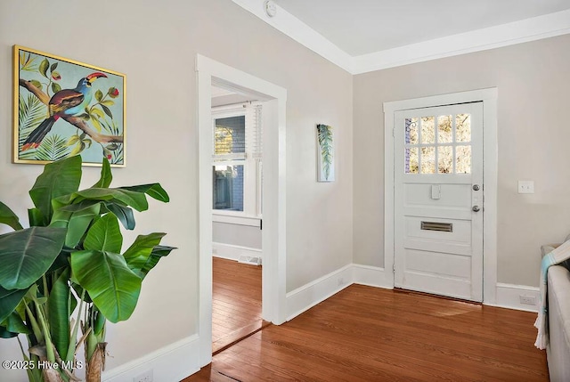 entryway with crown molding and wood-type flooring