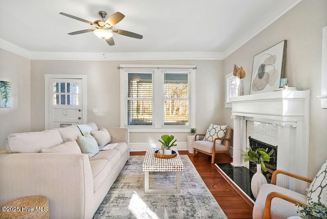 sitting room with crown molding, ceiling fan, and hardwood / wood-style floors