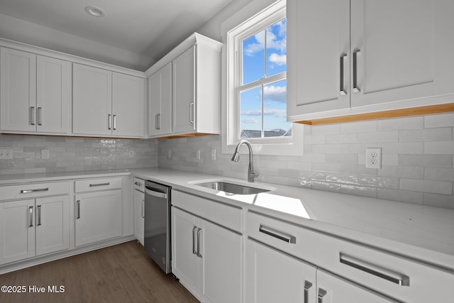 kitchen featuring sink, dishwasher, dark hardwood / wood-style floors, white cabinets, and decorative backsplash