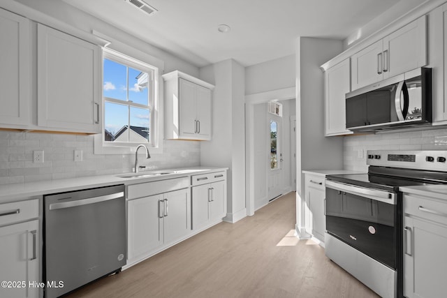 kitchen featuring white cabinetry, stainless steel appliances, sink, and light hardwood / wood-style flooring