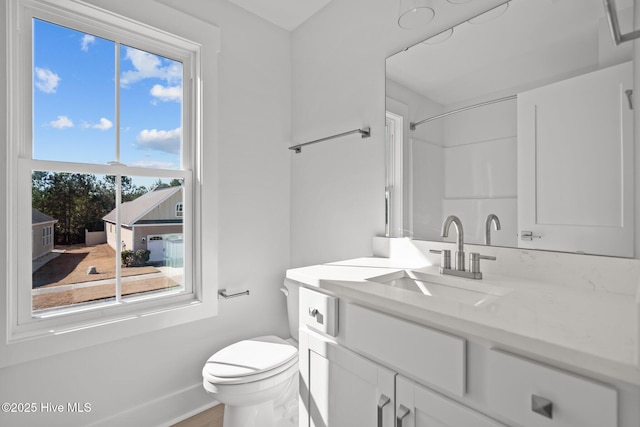 bathroom with vanity, walk in shower, and toilet