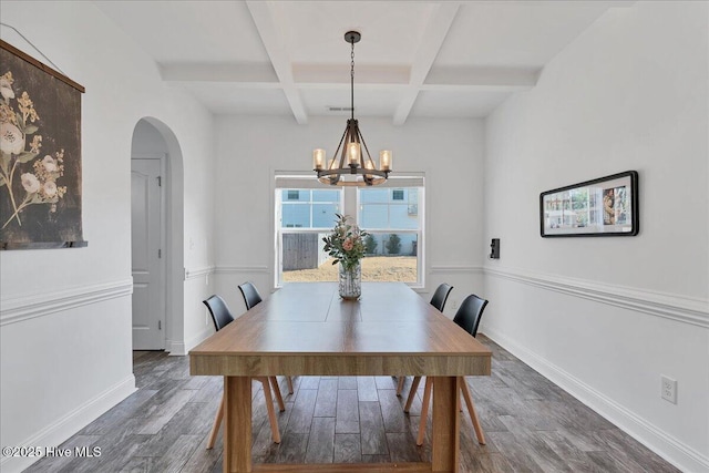 dining room with coffered ceiling, a notable chandelier, beam ceiling, and dark hardwood / wood-style floors