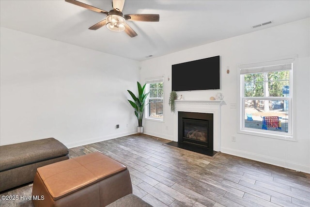 living room with ceiling fan and wood-type flooring