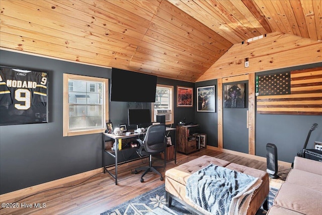 office area with lofted ceiling, wood ceiling, and wood-type flooring