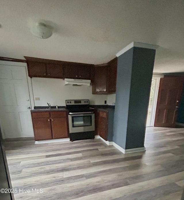 kitchen featuring crown molding, stainless steel electric range oven, sink, and light wood-type flooring