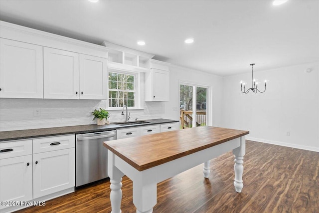 kitchen with sink, dishwasher, pendant lighting, decorative backsplash, and white cabinets