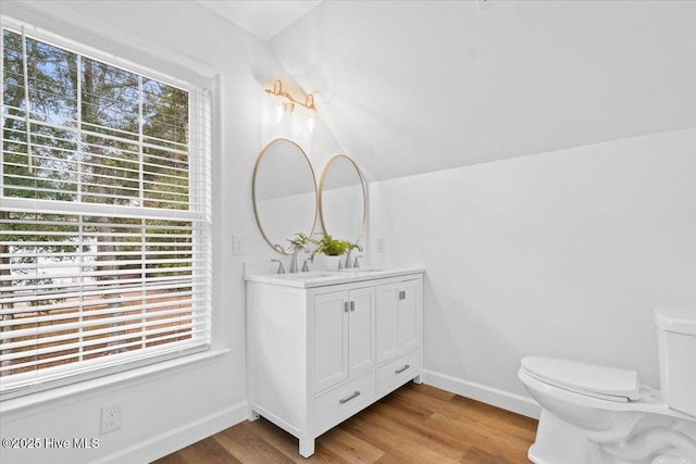 bathroom with vanity, hardwood / wood-style floors, toilet, and a healthy amount of sunlight