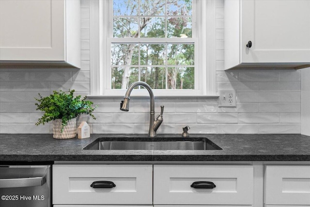 room details with sink, backsplash, stainless steel dishwasher, and white cabinets