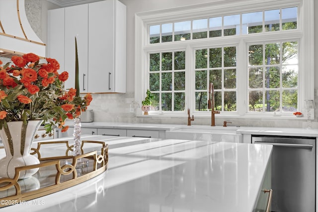 kitchen featuring backsplash, dishwasher, sink, and white cabinets