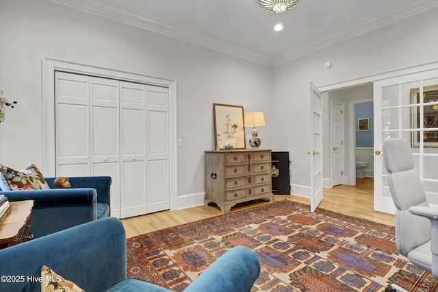 office area featuring ornamental molding and wood-type flooring