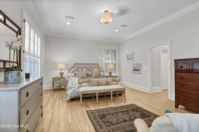 bedroom with crown molding and light wood-type flooring