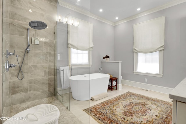 bathroom with vanity, ornamental molding, and plus walk in shower