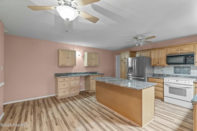 kitchen featuring a kitchen island, tasteful backsplash, light hardwood / wood-style floors, white range with electric cooktop, and stainless steel refrigerator with ice dispenser