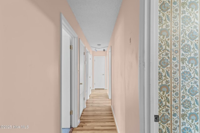 corridor with light hardwood / wood-style floors and a textured ceiling