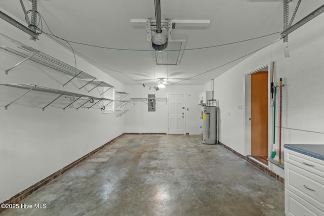 garage featuring a garage door opener, electric panel, and water heater