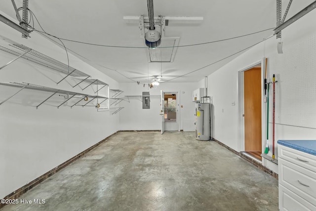 garage featuring a garage door opener, electric water heater, and electric panel