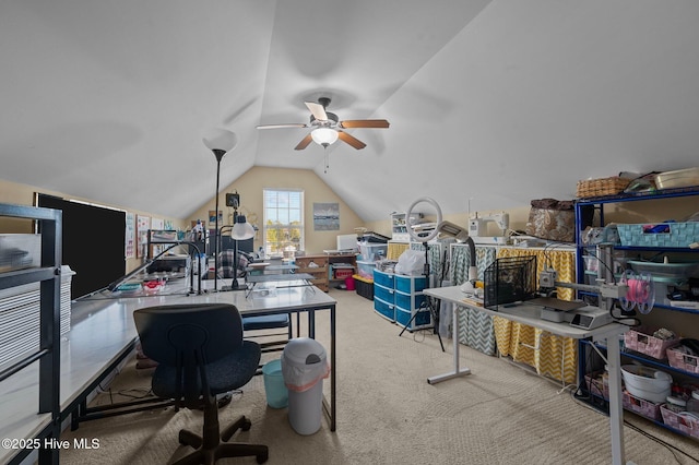 office with ceiling fan, lofted ceiling, and carpet floors