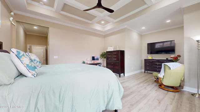 bedroom featuring light hardwood / wood-style flooring, ceiling fan, coffered ceiling, ornamental molding, and beamed ceiling