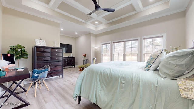 bedroom with crown molding, light hardwood / wood-style flooring, beam ceiling, a high ceiling, and coffered ceiling