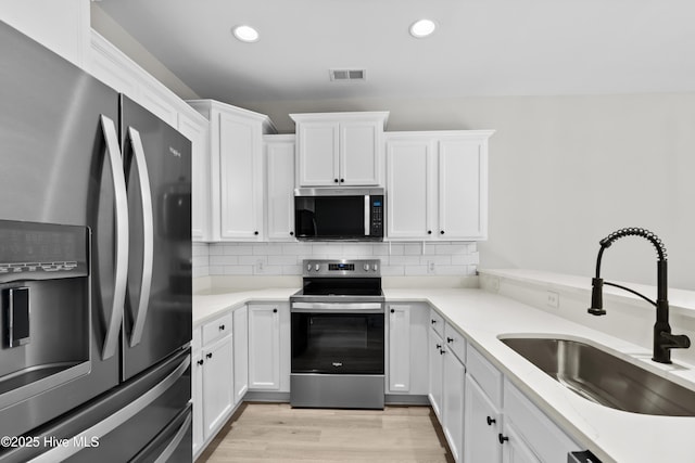 kitchen featuring white cabinetry, appliances with stainless steel finishes, sink, and decorative backsplash