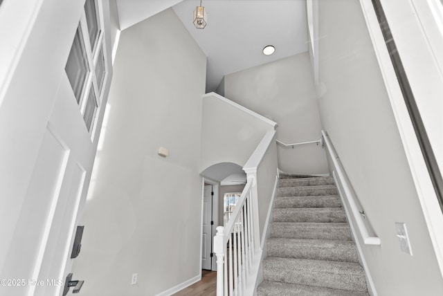 staircase with hardwood / wood-style floors