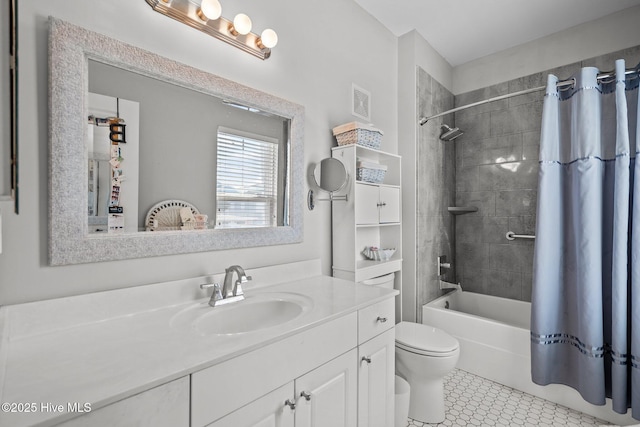 full bathroom featuring toilet, vanity, and shower / bathtub combination with curtain