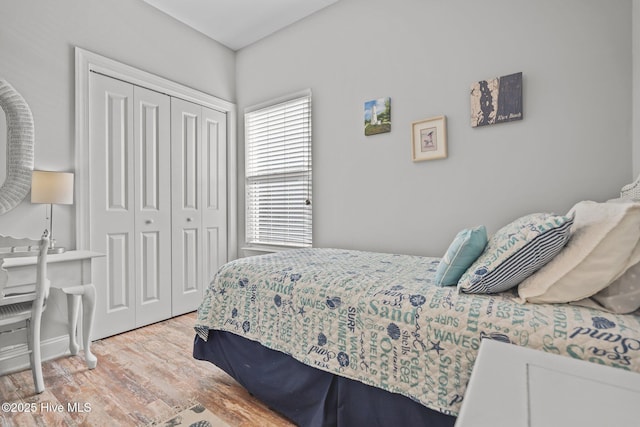 bedroom with hardwood / wood-style floors and a closet