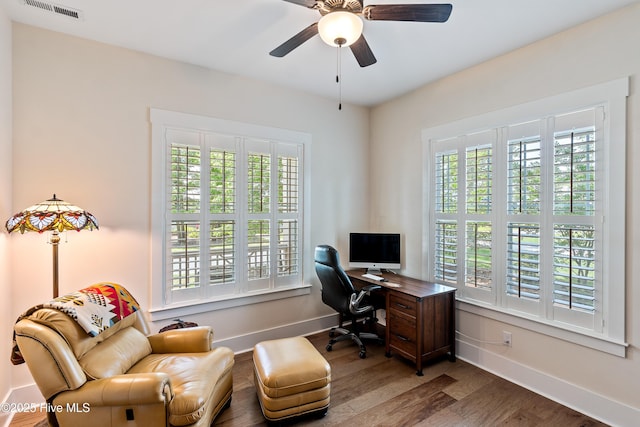 3604 Haughton Ln, Castle Hayne, NC 28429 - home office featuring healthy amount of natural light, wood finished floors, a ceiling fan, and baseboards