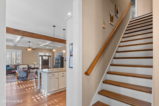 3604 Haughton Ln, Castle Hayne, NC 28429 - staircase with a ceiling fan, coffered ceiling, beam ceiling, and wood finished floors