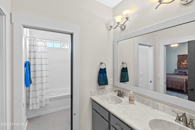 3604 Haughton Ln, Castle Hayne, NC 28429 - ensuite bathroom featuring double vanity, tile patterned floors, and shower / bathtub combination with curtain