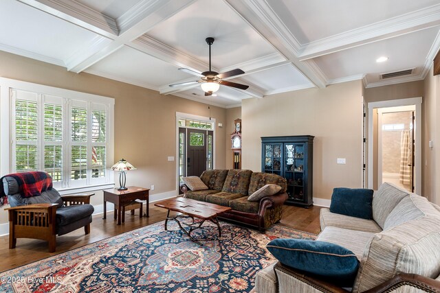3604 Haughton Ln, Castle Hayne, NC 28429 - living area featuring wood finished floors, a ceiling fan, coffered ceiling, baseboards, and beam ceiling