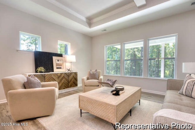 living room with a healthy amount of sunlight, a tray ceiling, and light hardwood / wood-style flooring