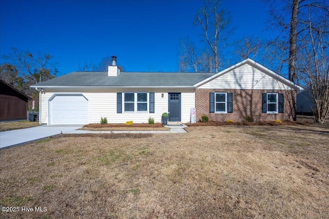 single story home featuring a garage and a front lawn