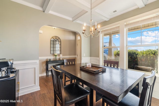 dining area with coffered ceiling, dark wood-type flooring, a chandelier, and beamed ceiling