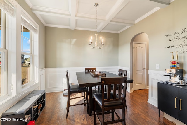 dining room featuring coffered ceiling, a notable chandelier, dark wood-type flooring, and beamed ceiling