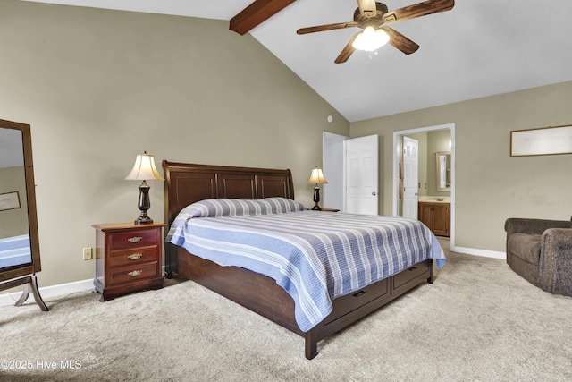 bedroom with high vaulted ceiling, beamed ceiling, light colored carpet, ceiling fan, and ensuite bath